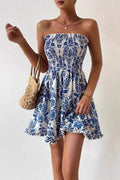 Vacation Paisley Floral Smocked strapless dress in blue