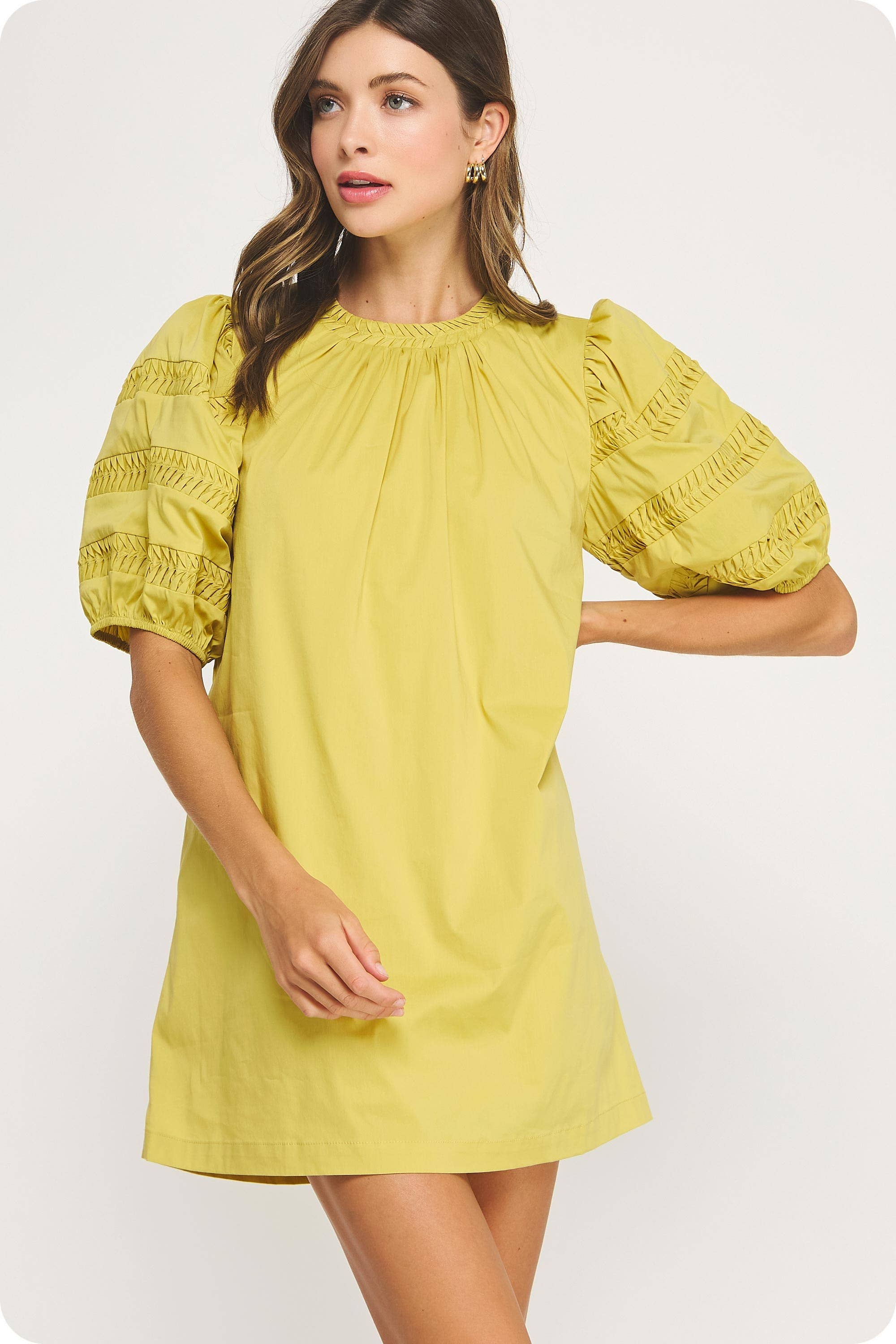 Reverse Pintuck Puff Sleeve Mini Dress