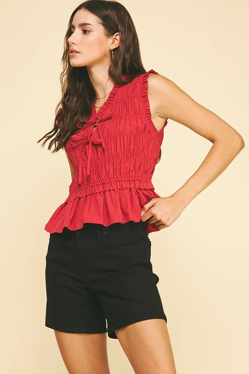 FRONT-TIE DETAILED SMOCKING TOP - 5555T