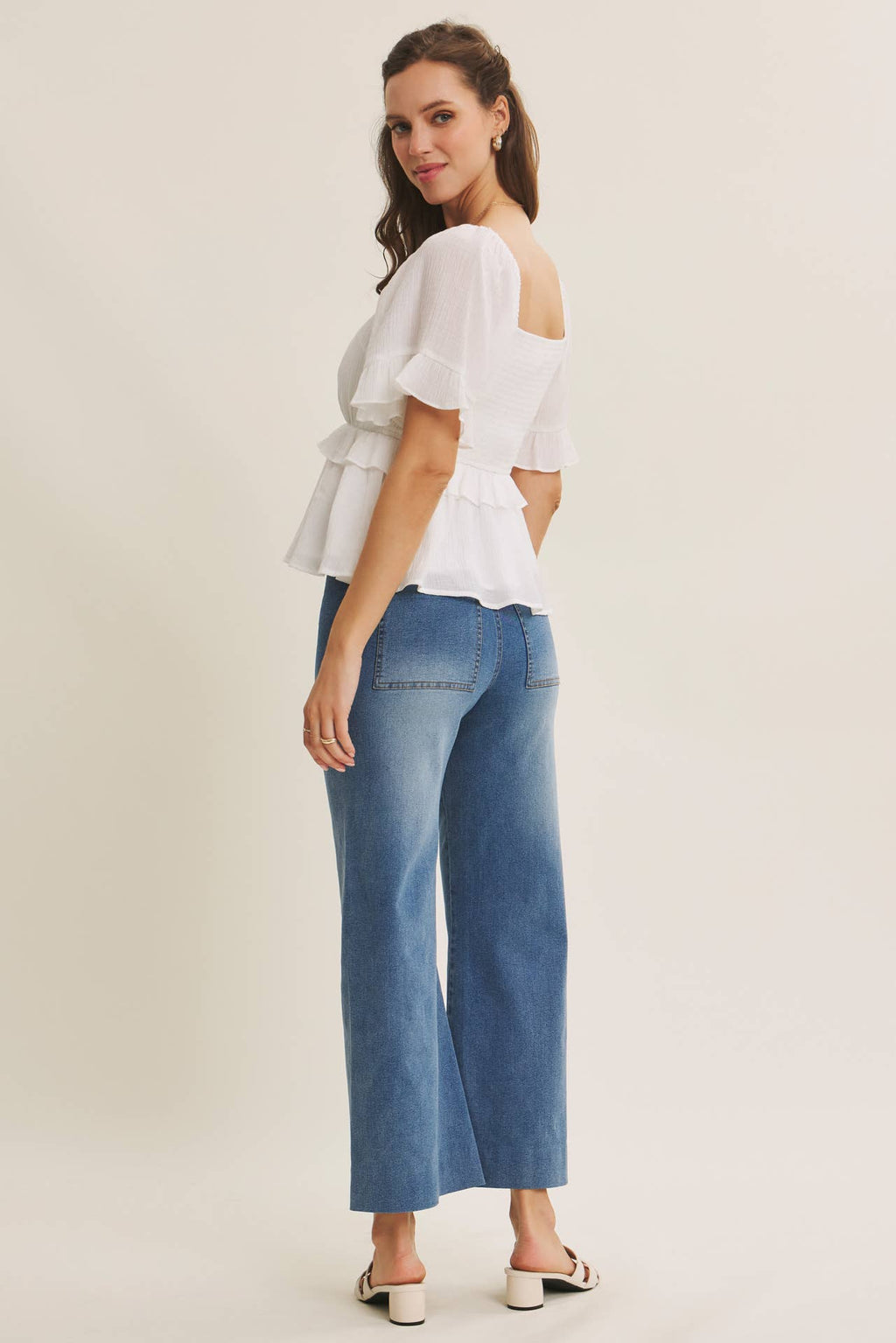 STRETCHY PINTUCK ANKLE LENGTH WIDE-LEG DENIM PANTS