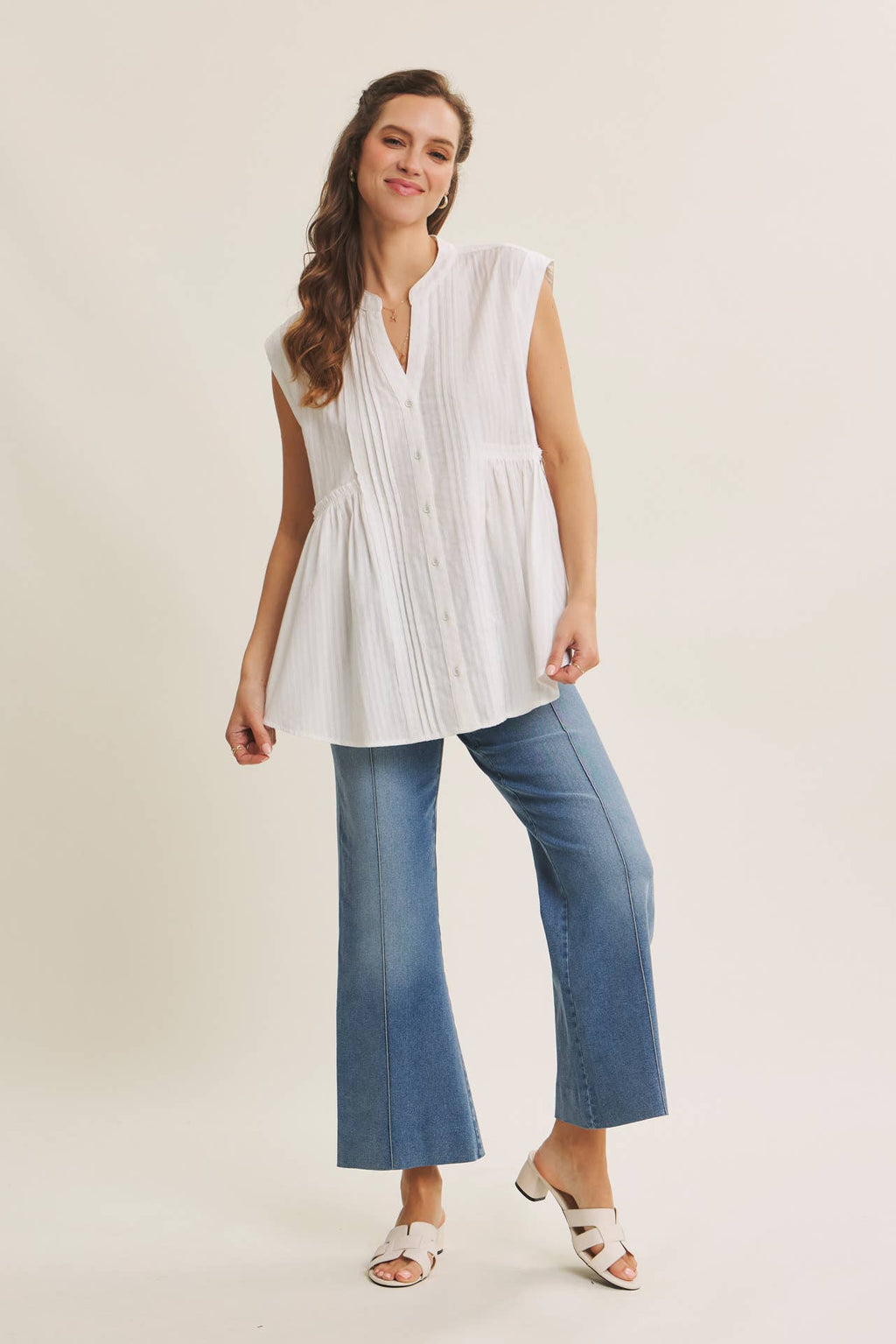 STRETCHY PINTUCK ANKLE LENGTH WIDE-LEG DENIM PANTS
