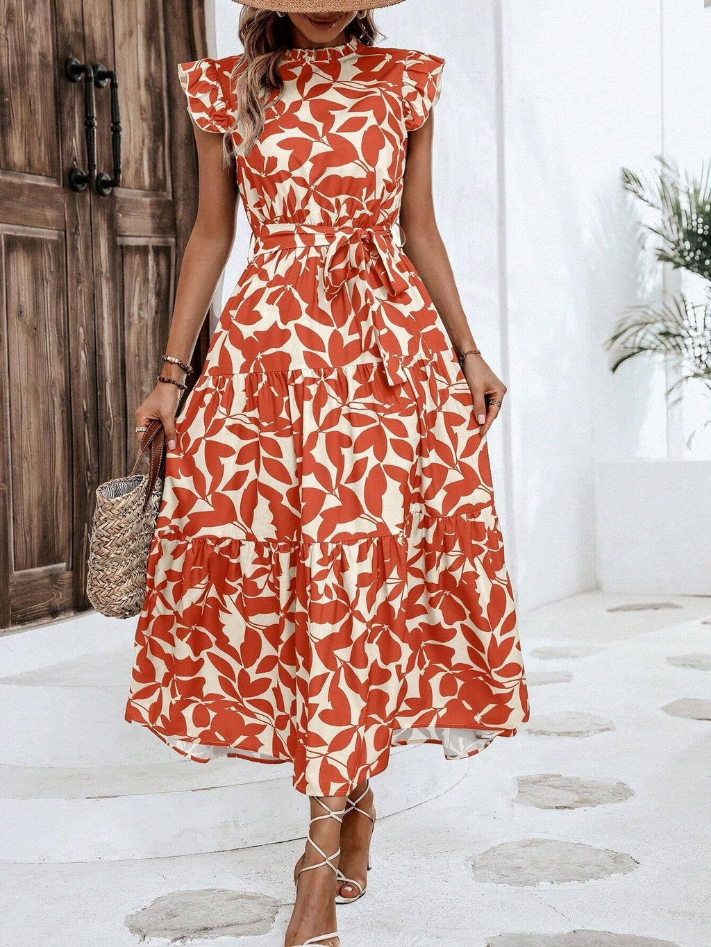 Fashion wooden ears fly-sleeve lace-up long dress