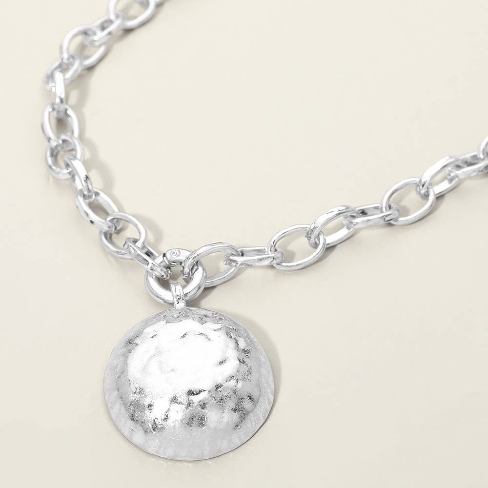 Hammered Metal Dome Disc Pendant Chunky Chain Necklace