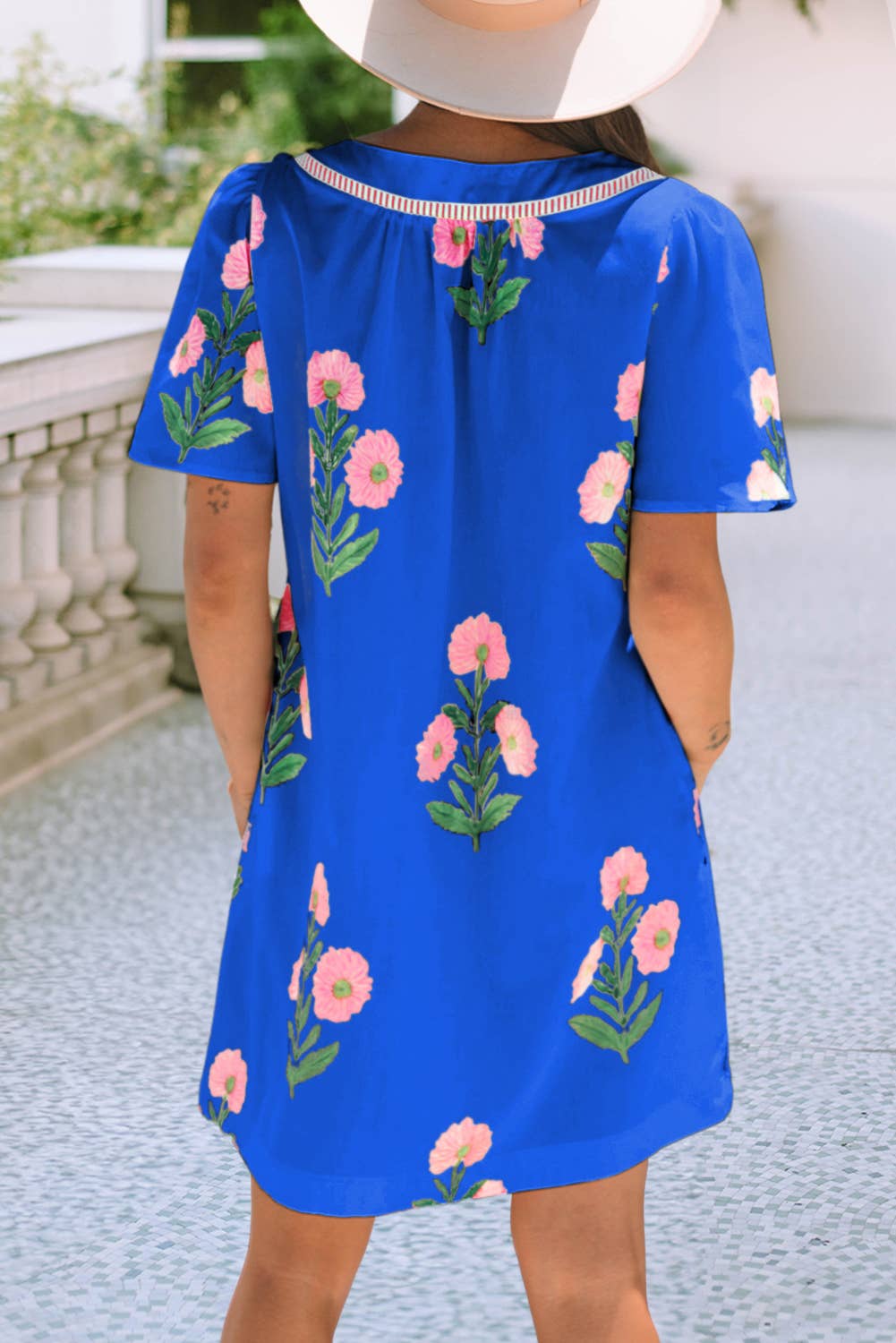 LDC Floral Short Sleeve Split Neck Mini Dress