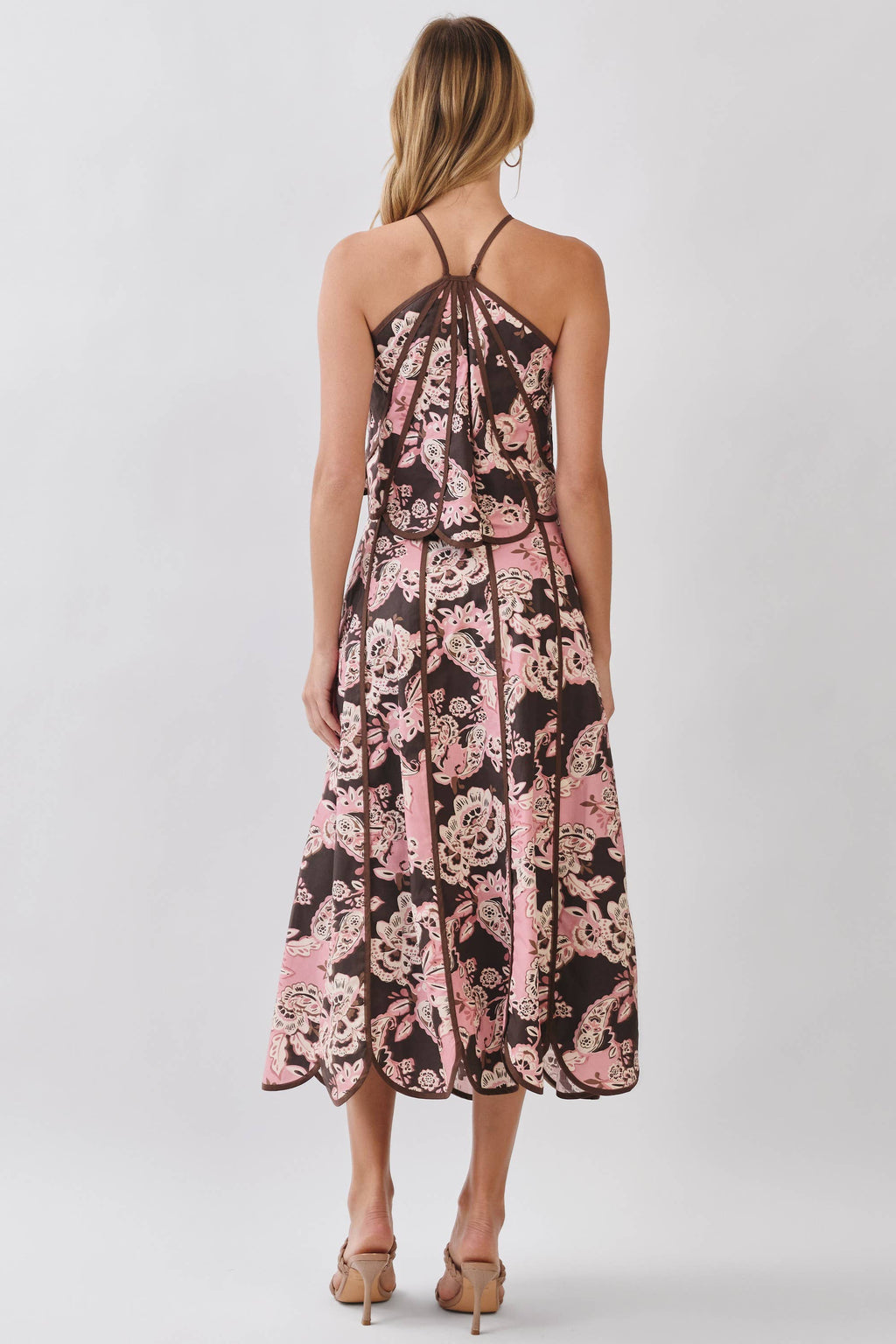 CS4094-Floral Print Saclloped Hem Paneled Midi Skirt