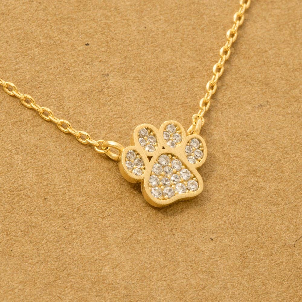 Gold Dipped CZ Pave Dog Paw Pendant Necklace