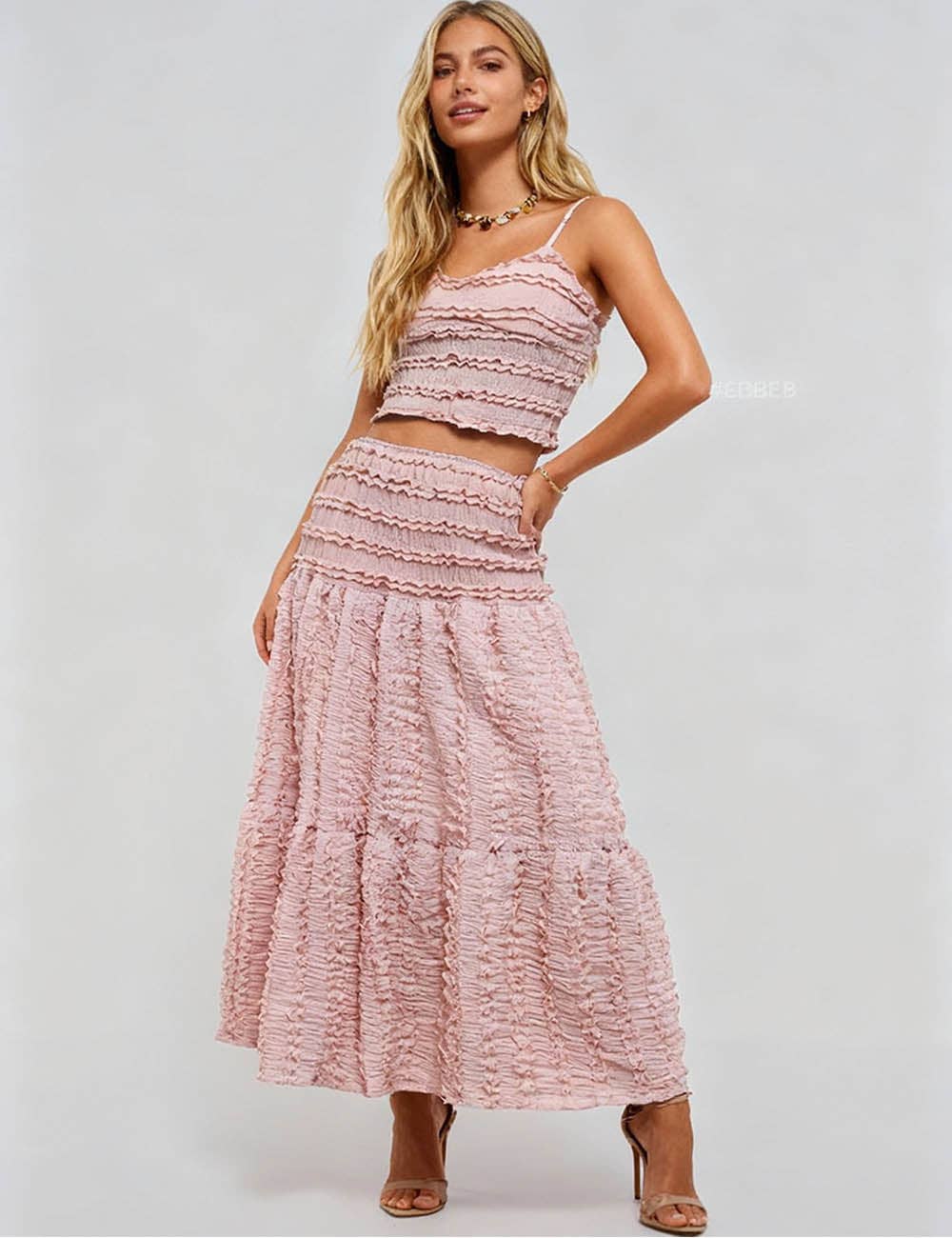 Ladies Romantic Wrinkle Ruffle Cami Top & Tiered Maxi Skirt Set