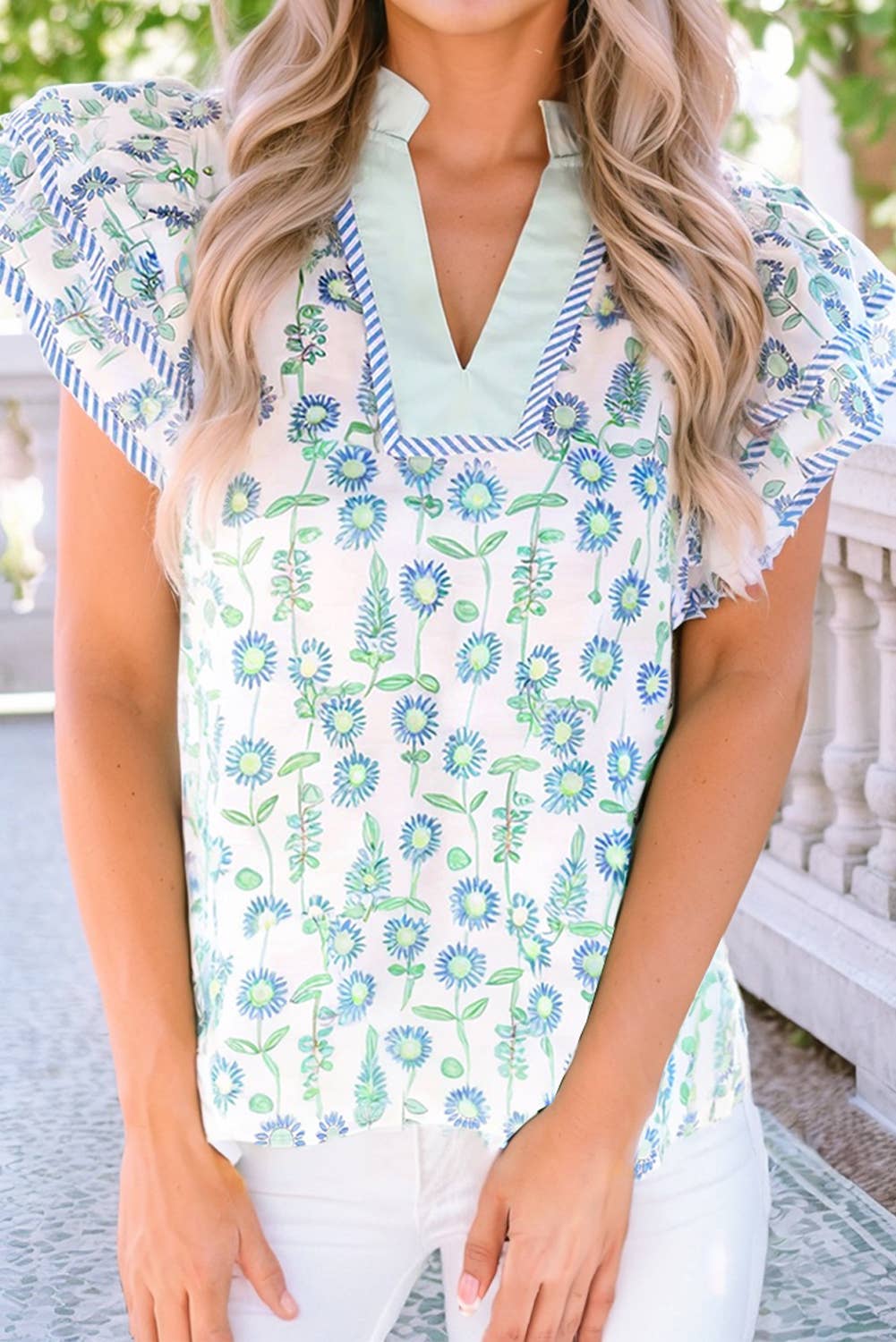 LDC Floral Print Striped Detail Contrast Patchwork Blouse