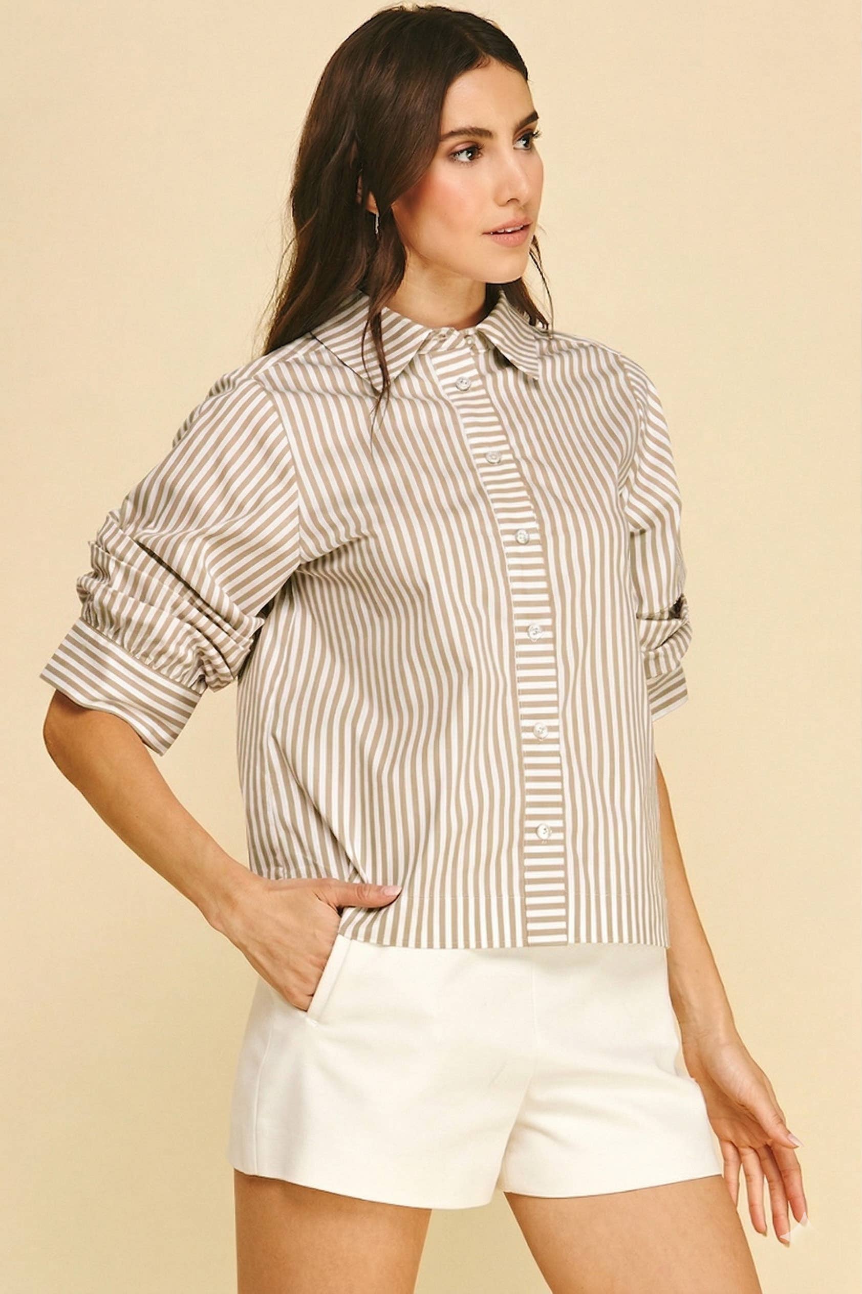 RUCHED SLEEVE STRIPED BUTTON DOWN SHIRT - 7061T