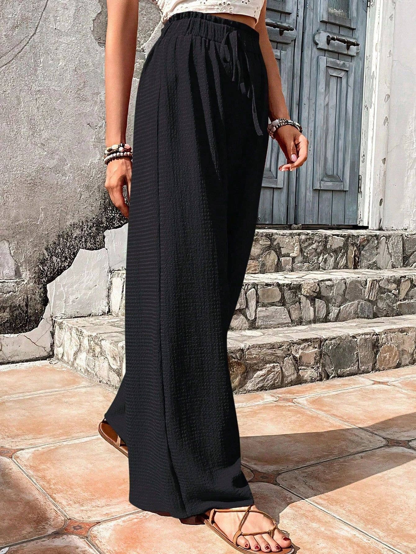ASSORTED BUBBLE PLAID CASUAL WIDE-LEG PANTS