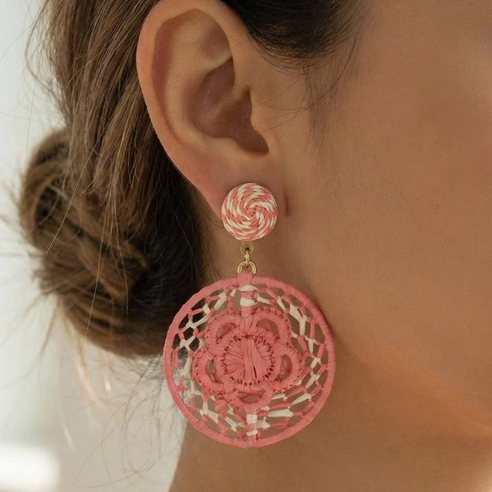 Woven Round Disc Drop Earrings