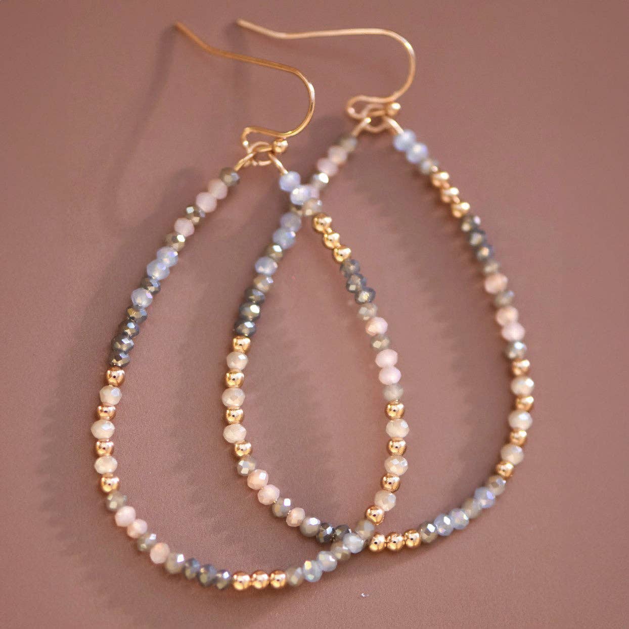 Teardrop Wire Beaded Glass Crystal Earrings - 7699