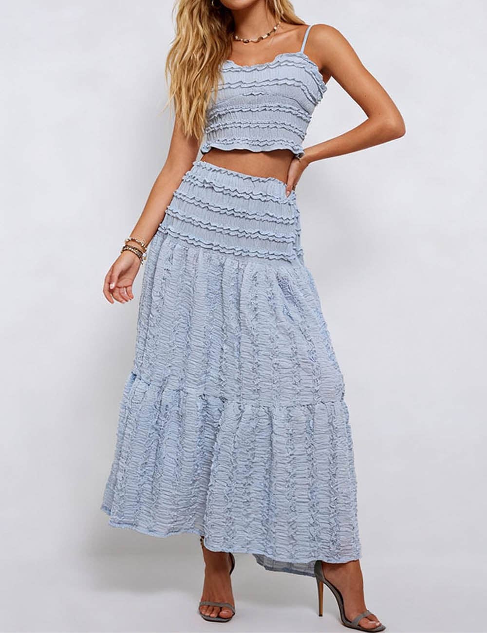 Ladies Romantic Wrinkle Ruffle Cami Top & Tiered Maxi Skirt Set: Apricot / S
