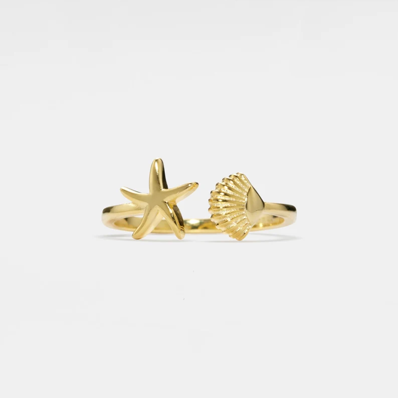 Seashell Starfish Ocean Beach Ring in 925 Sterling Silver