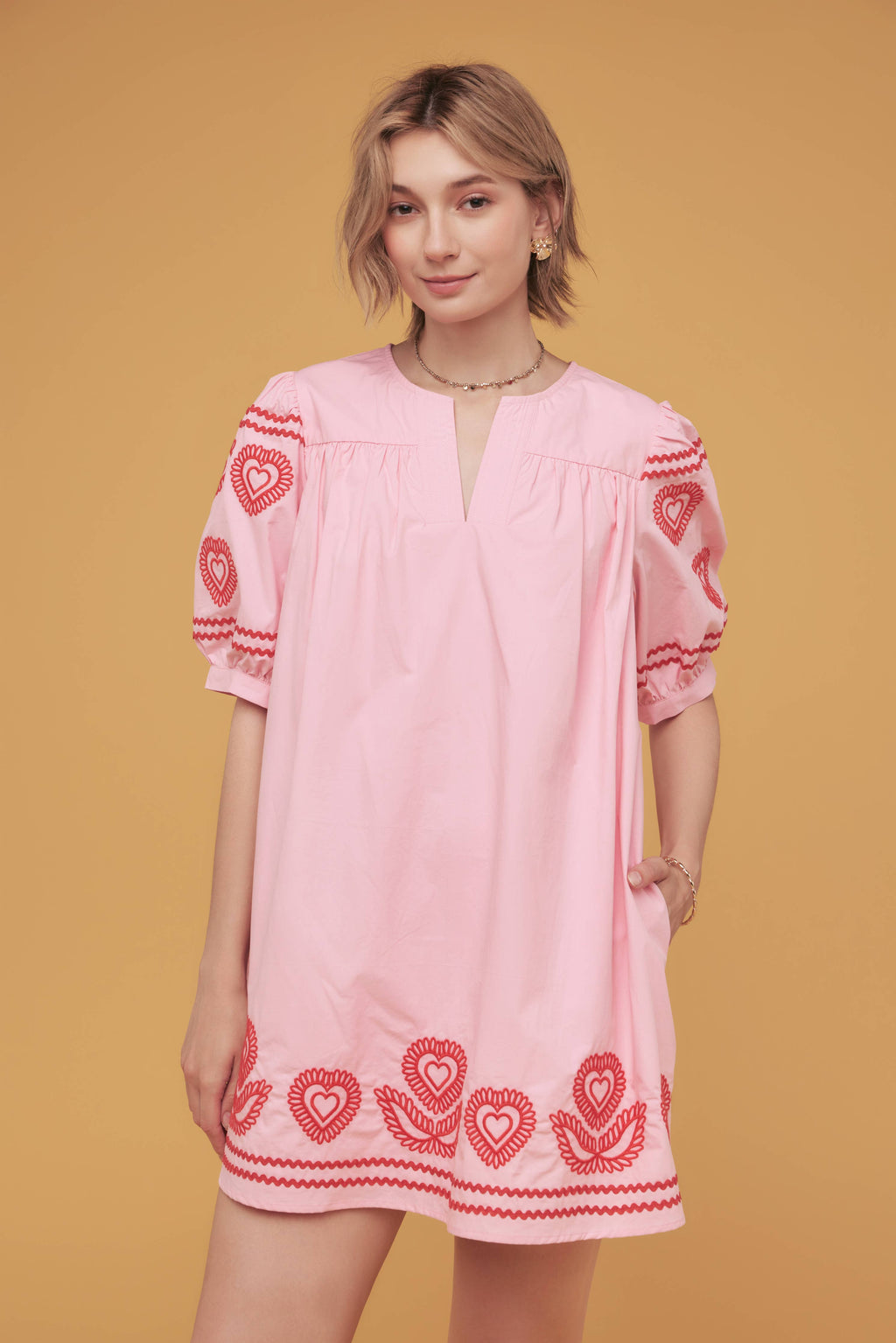 Heart Embroidery Puff Sleeve Mini Dress