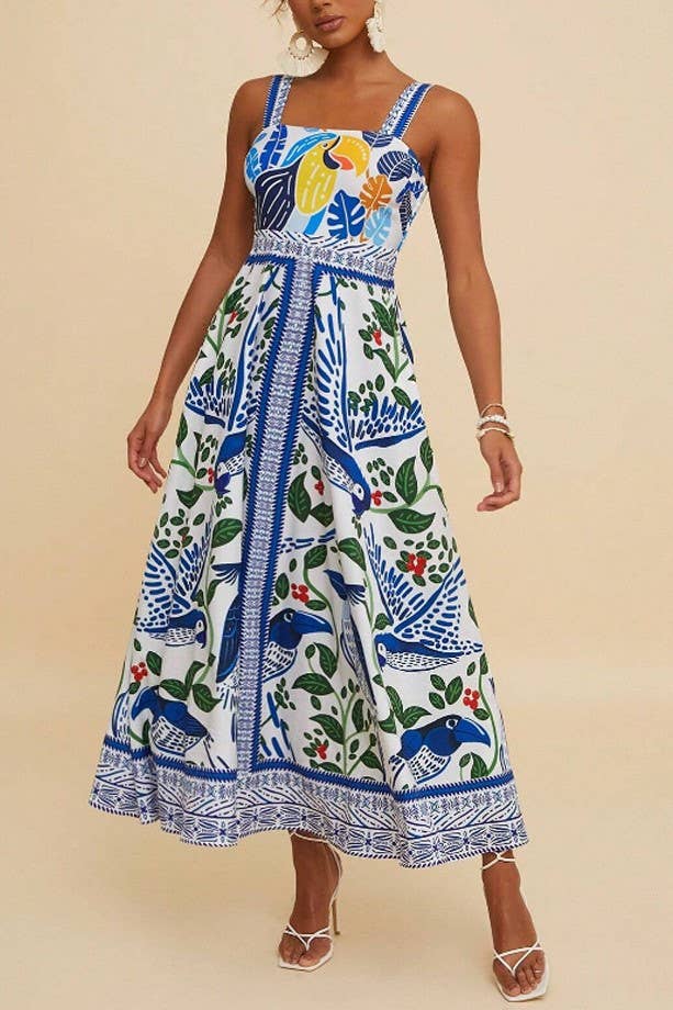 Boho Tropical Birdie Blue floral print strappy flare dress