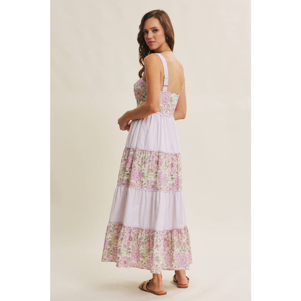 DREAMY IDEAL TIERED MIDI DRESS MIXED IN FLORALS AND STRIPES