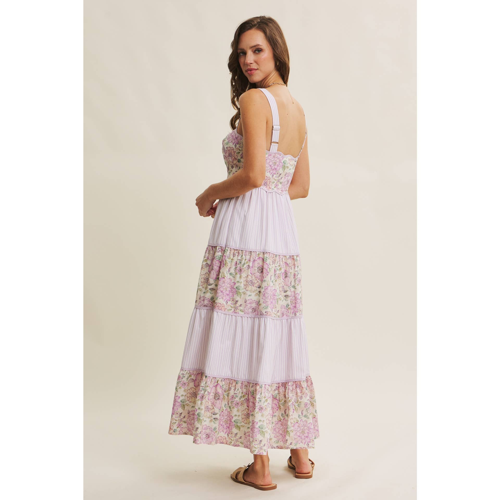 DREAMY IDEAL TIERED MIDI DRESS MIXED IN FLORALS AND STRIPES