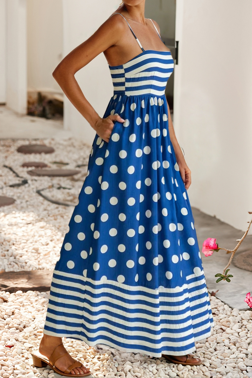 LDC Polka Dot Patchwork High Waist Maxi Dress