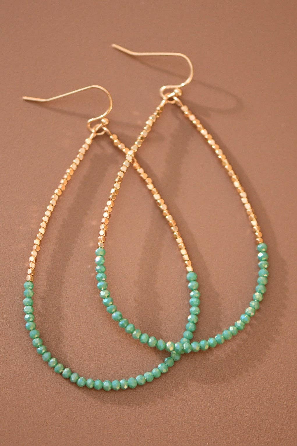 Gold Beaded Hollow Drop Earrings with Glass Beads - 6112