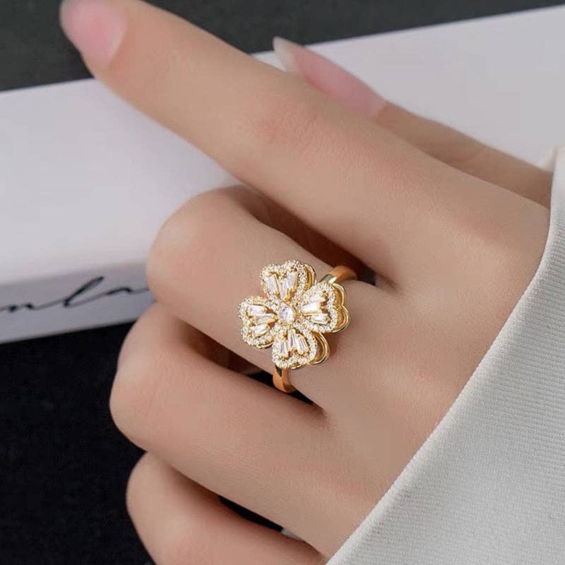 Four Leaf Clover Anxiety Fidget Spinner Ring in Solid Copper