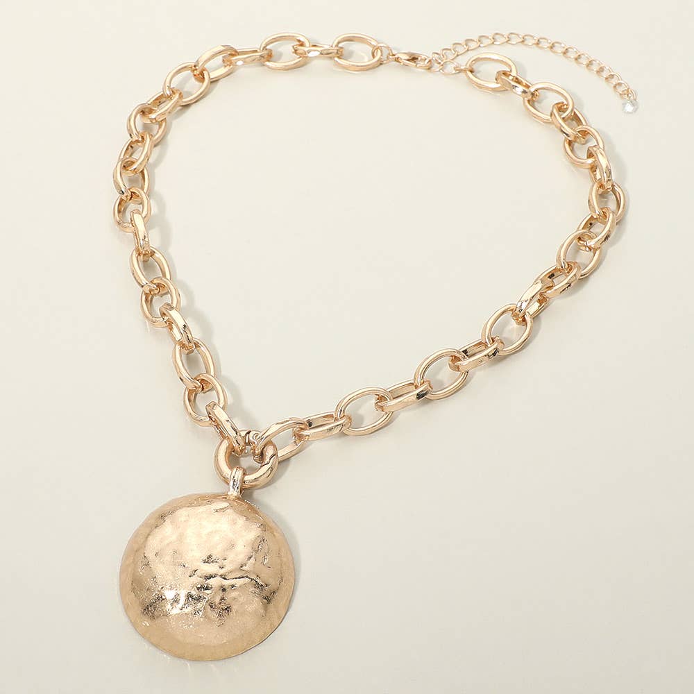 Hammered Metal Dome Disc Pendant Chunky Chain Necklace