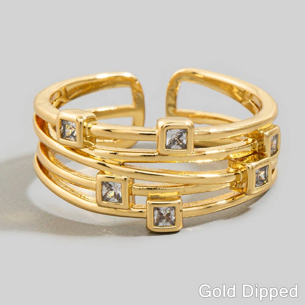 Multi-Band Square Cz Station Open Cuff Ring
