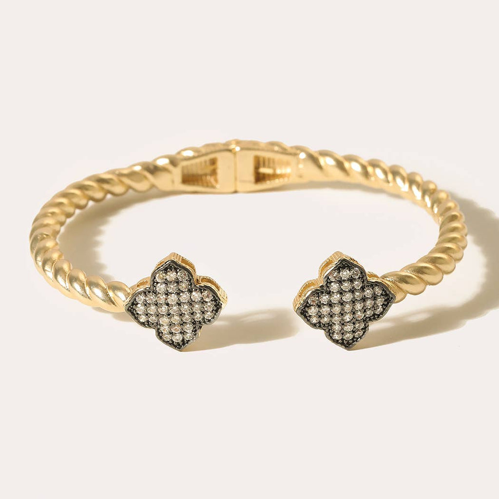 Matte Gold Hematite CZ Clover Open Cuff Bracelet