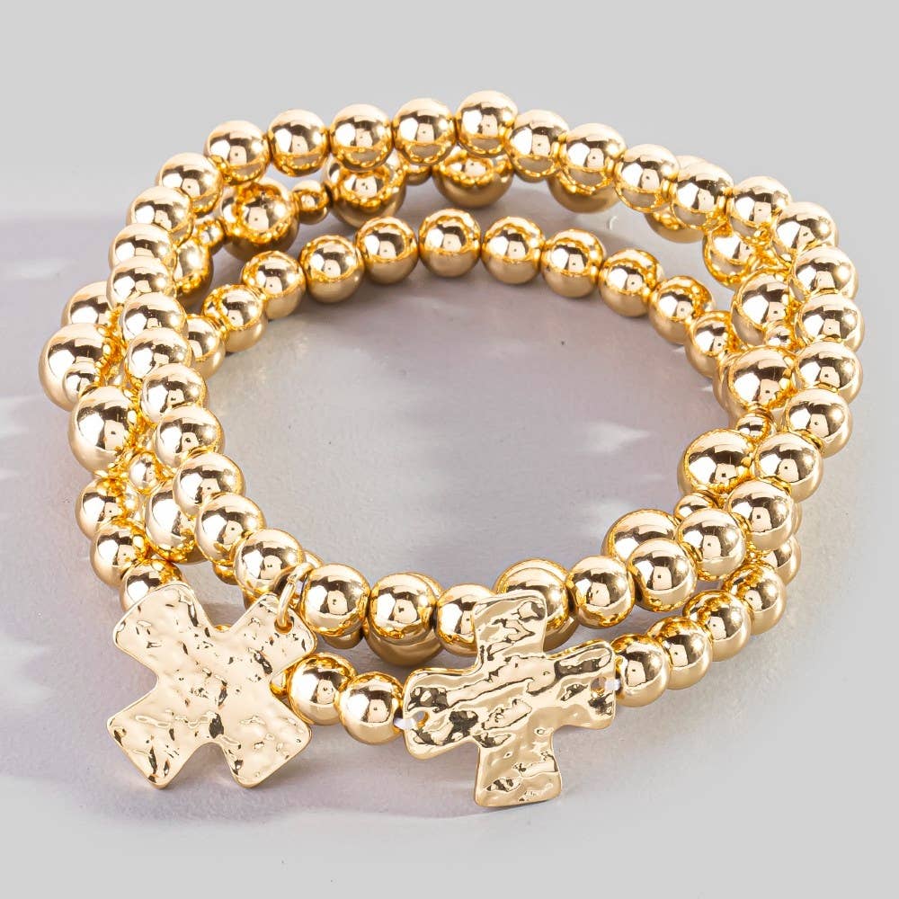 Hammered Cross Charm Metallic Beaded Bracelet Set