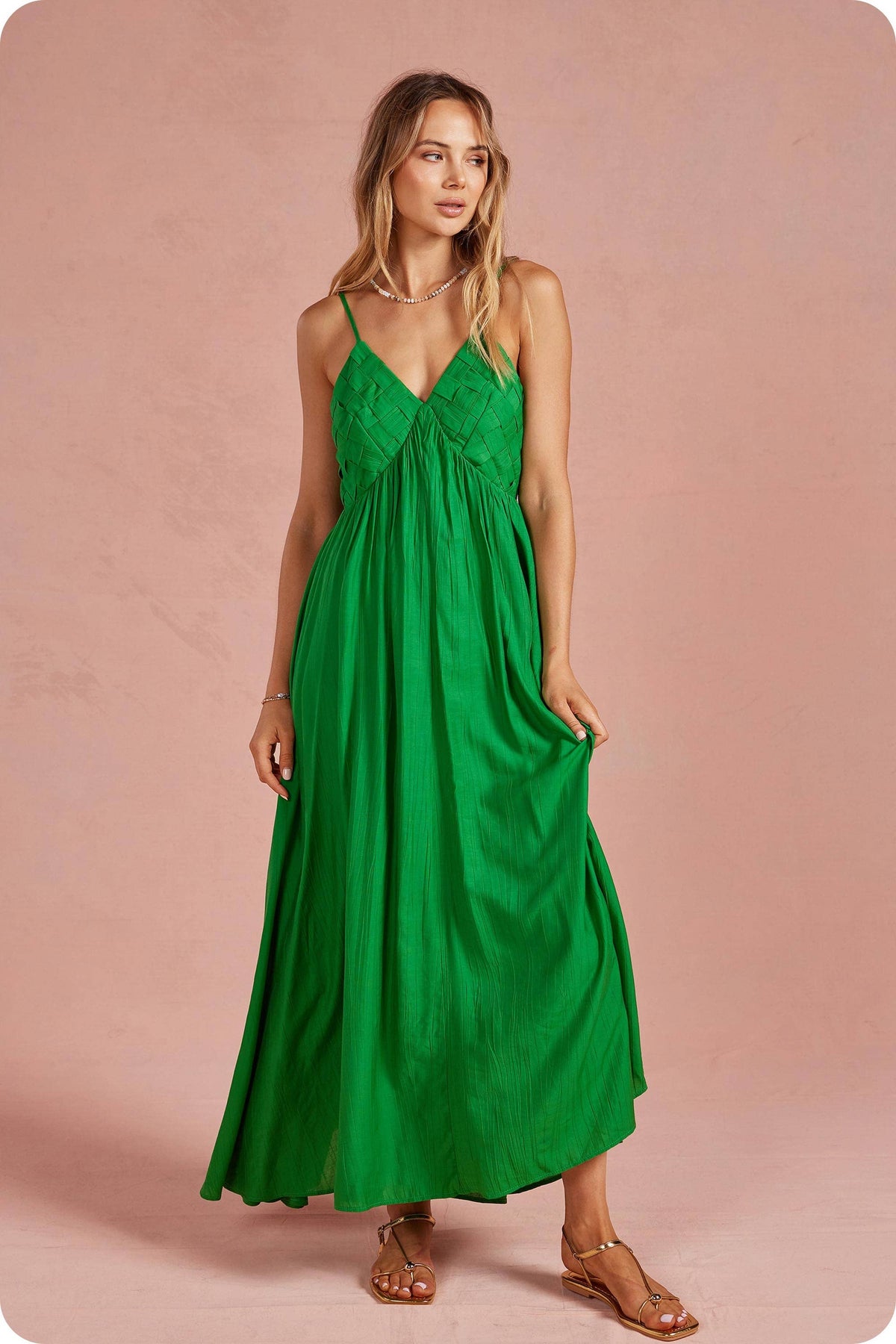 Woven Lattice Bodice Sleeveless Maxi Dress