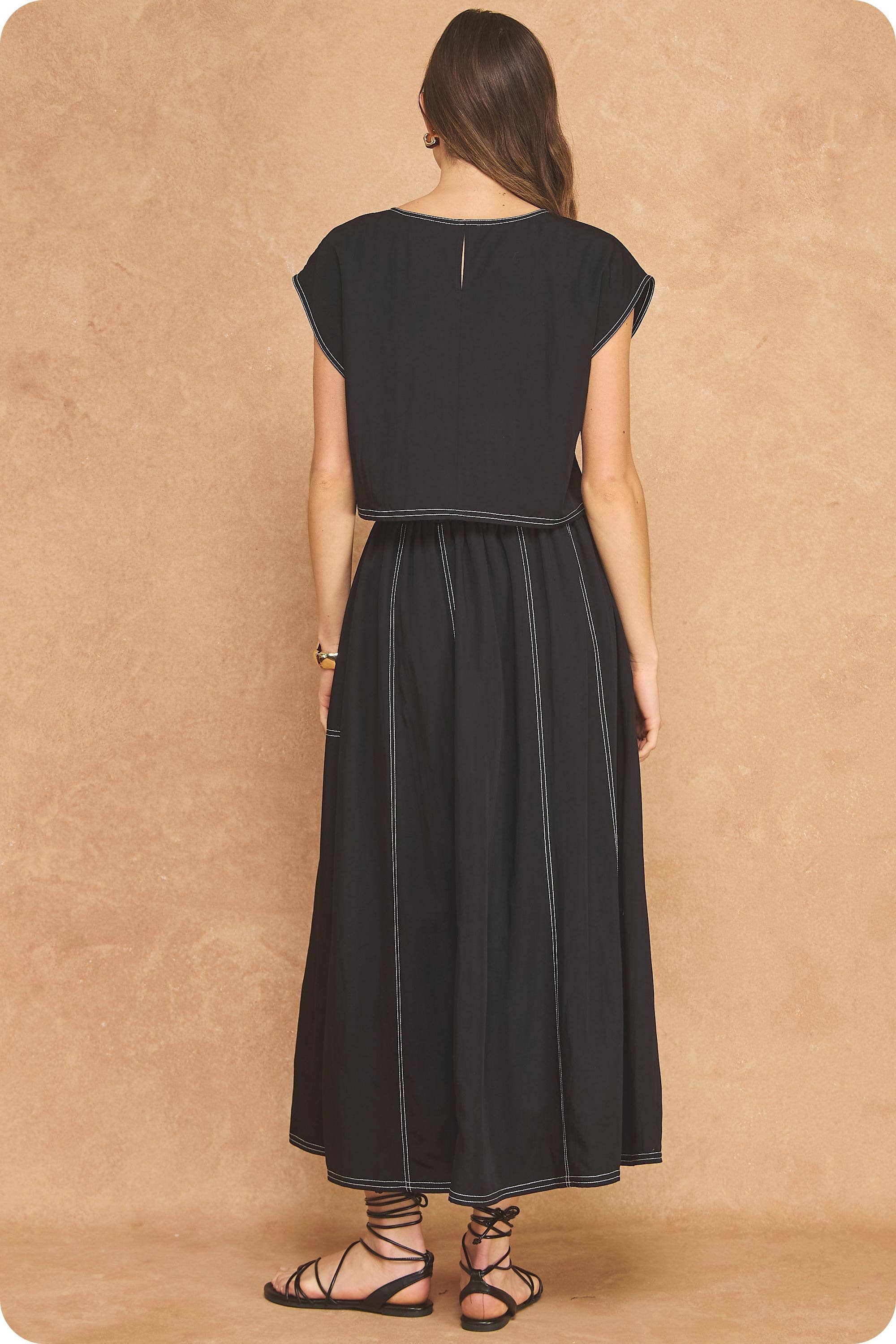 Top Stitch Cap Sleeve Top & Midi Skirt 2-Piece Set
