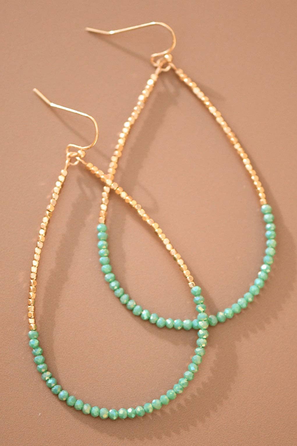 Gold Beaded Hollow Drop Earrings with Glass Beads - 6112