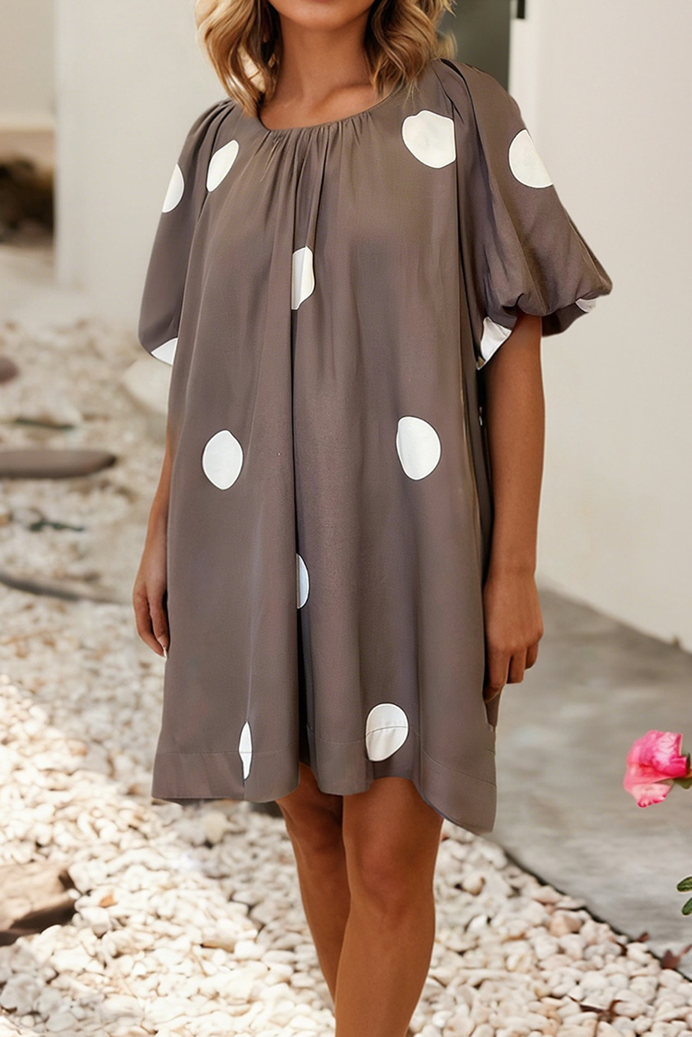 LDC Polka Dot Knot Back Short Puff Sleeve Loose Mini Dress