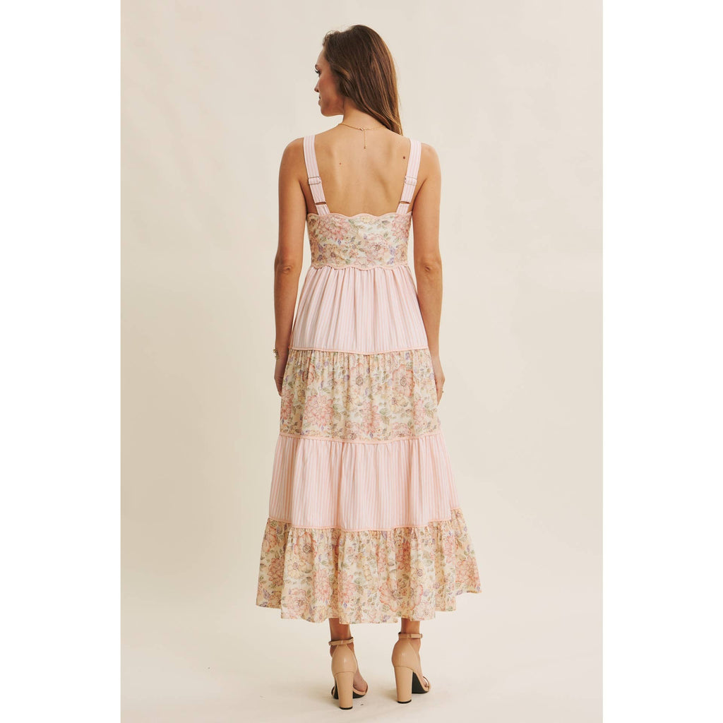 DREAMY IDEAL TIERED MIDI DRESS MIXED IN FLORALS AND STRIPES
