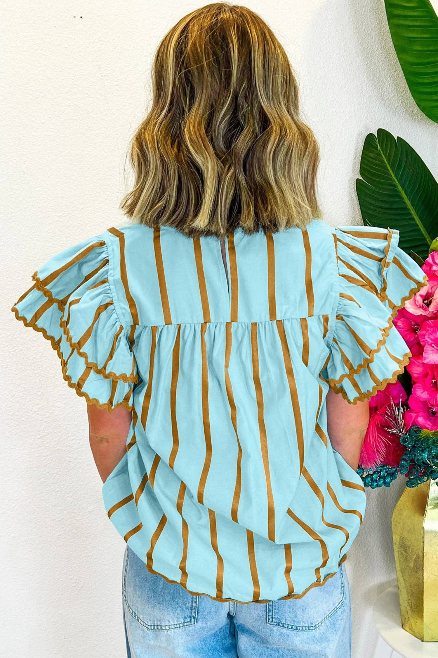Striped V Neck Flutter Sleeve Blouse Casual Loose Top