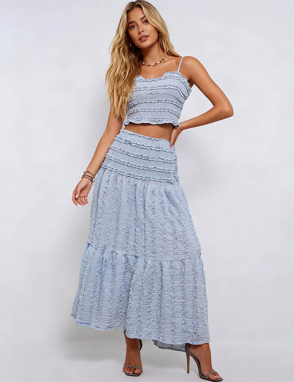Ladies Romantic Wrinkle Ruffle Cami Top & Tiered Maxi Skirt Set: Apricot / L