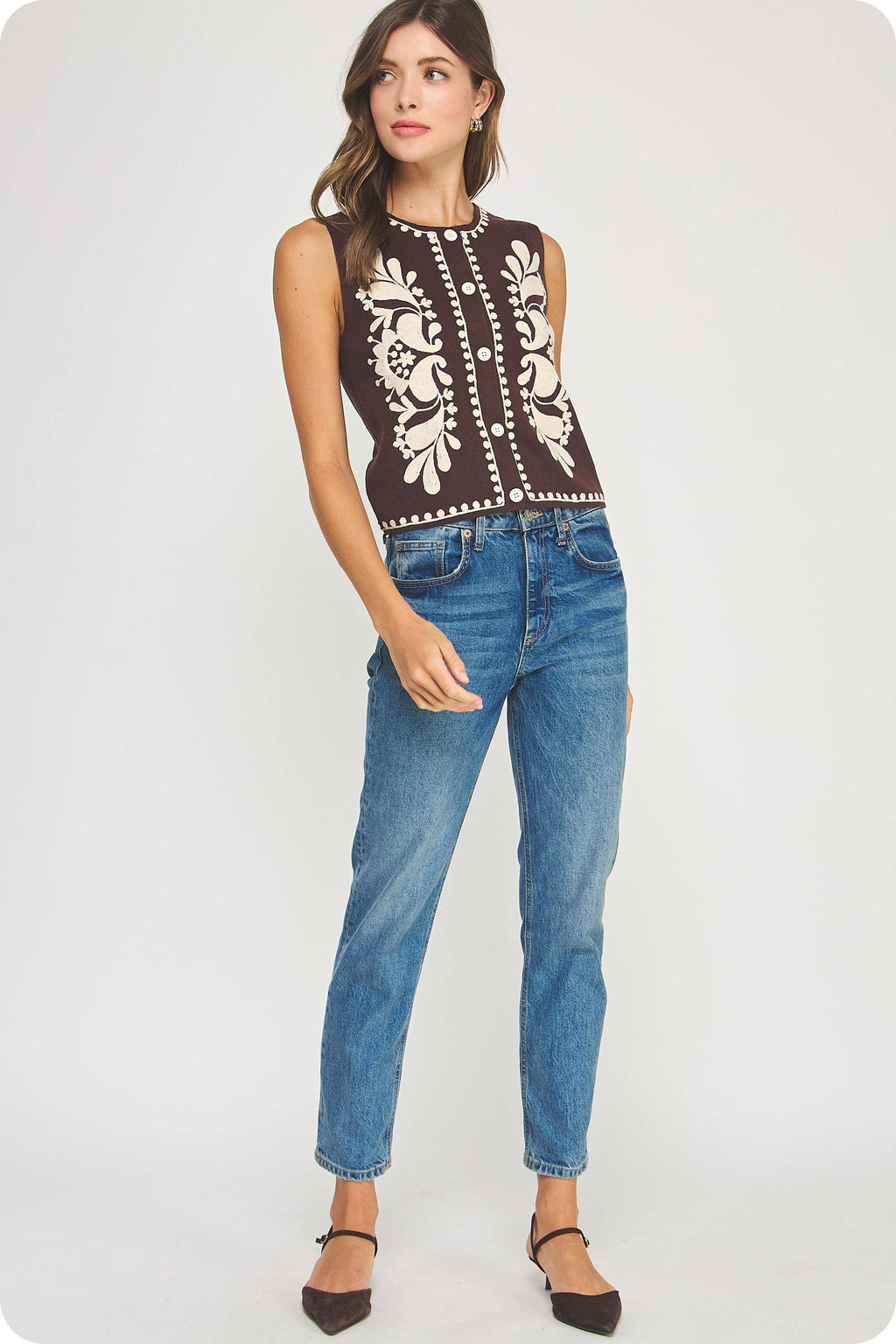 Embroidered Sleeveless Knitted Vest Top