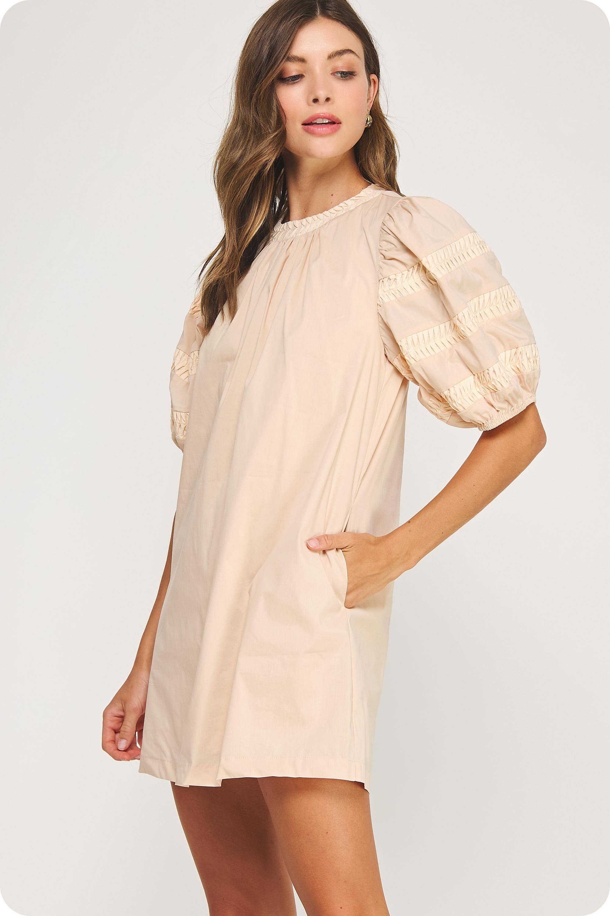 Reverse Pintuck Puff Sleeve Mini Dress