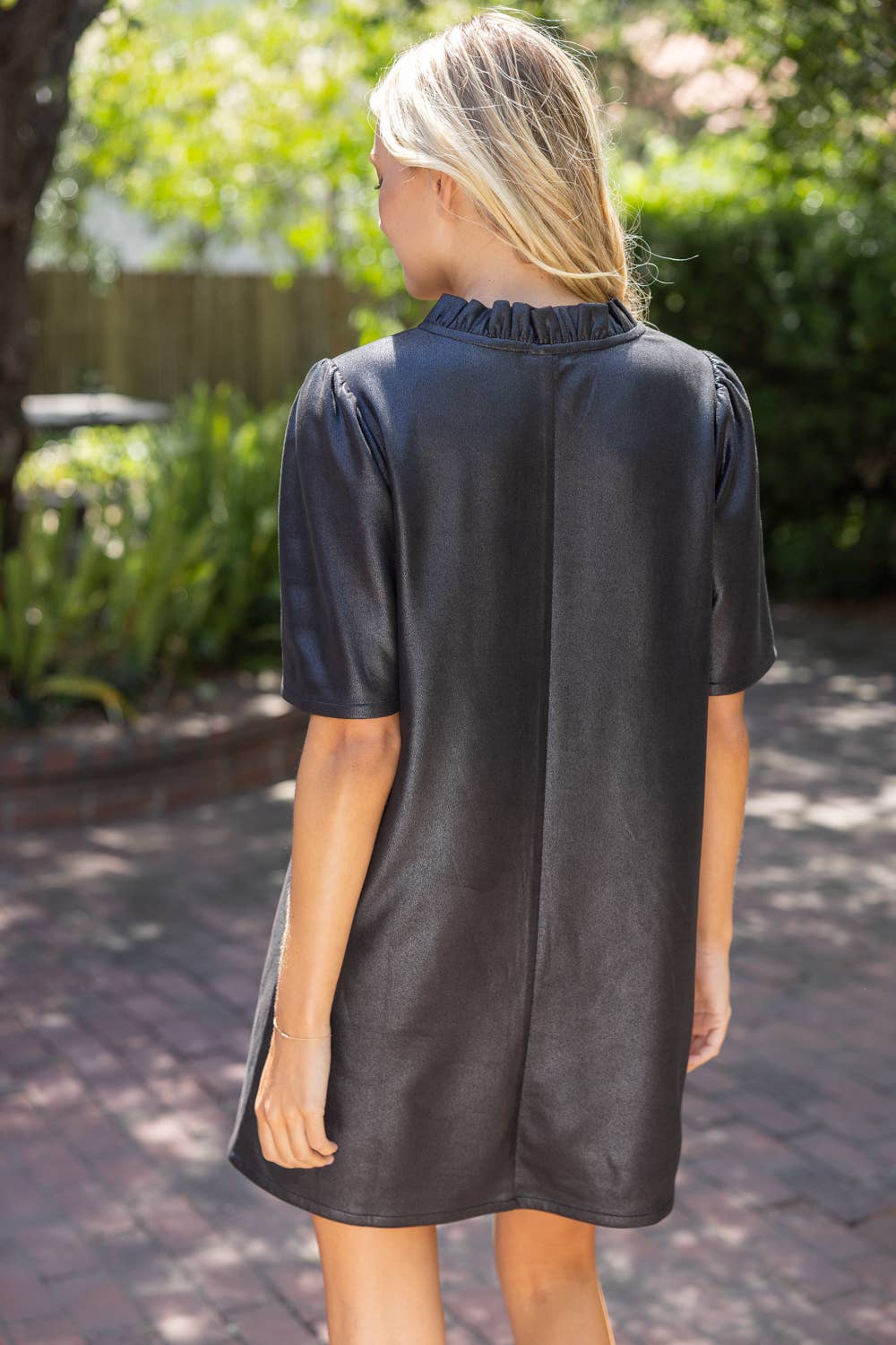 37100 Ruffled V-Neck Solid Faux Leather Shift Dress
