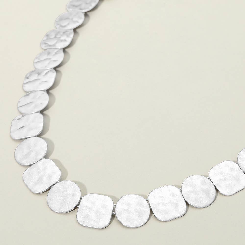Hammered Metal Round Square Disc Link Necklace