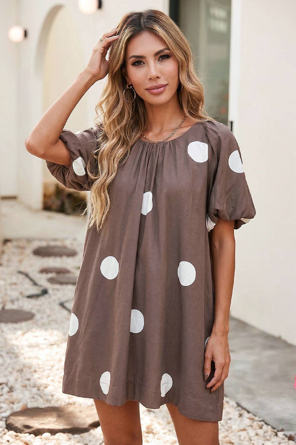 LDC Polka Dot Knot Back Short Puff Sleeve Loose Mini Dress