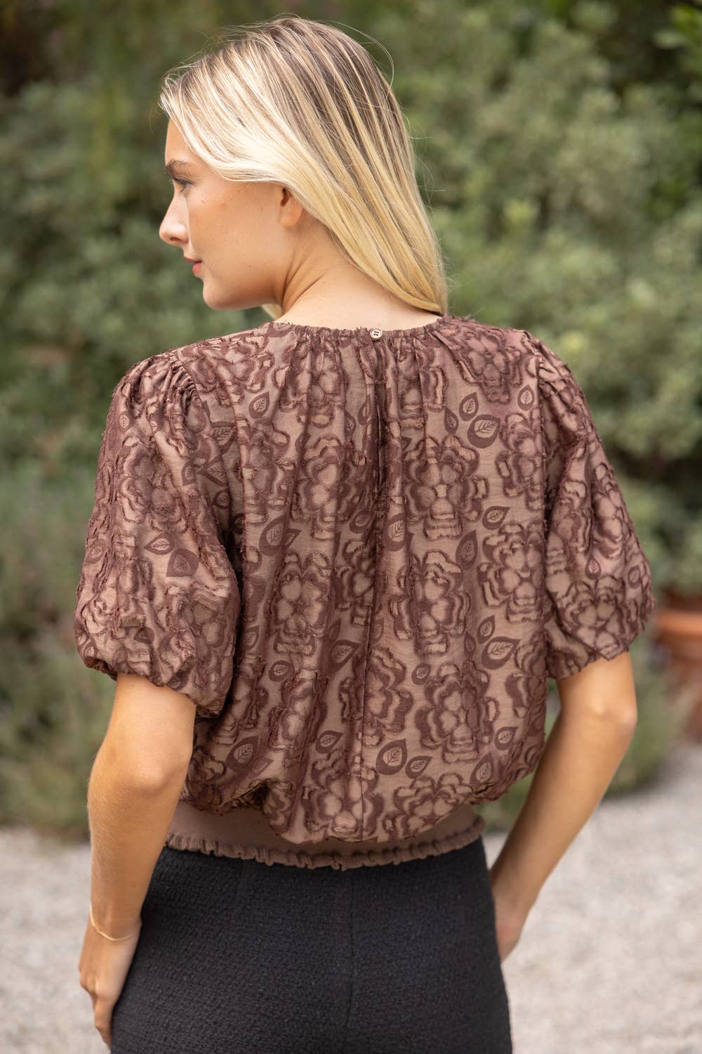 36917 Large Front Bow Detail Burn Out Floral Top