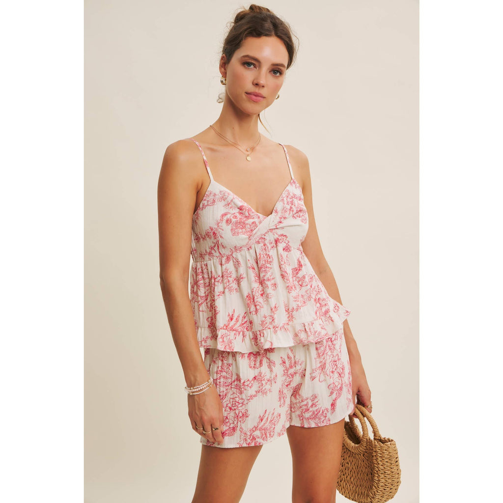 PARISIAN CHARM AIRY TOILE PRINT SHORTS WITH WAIST TIE