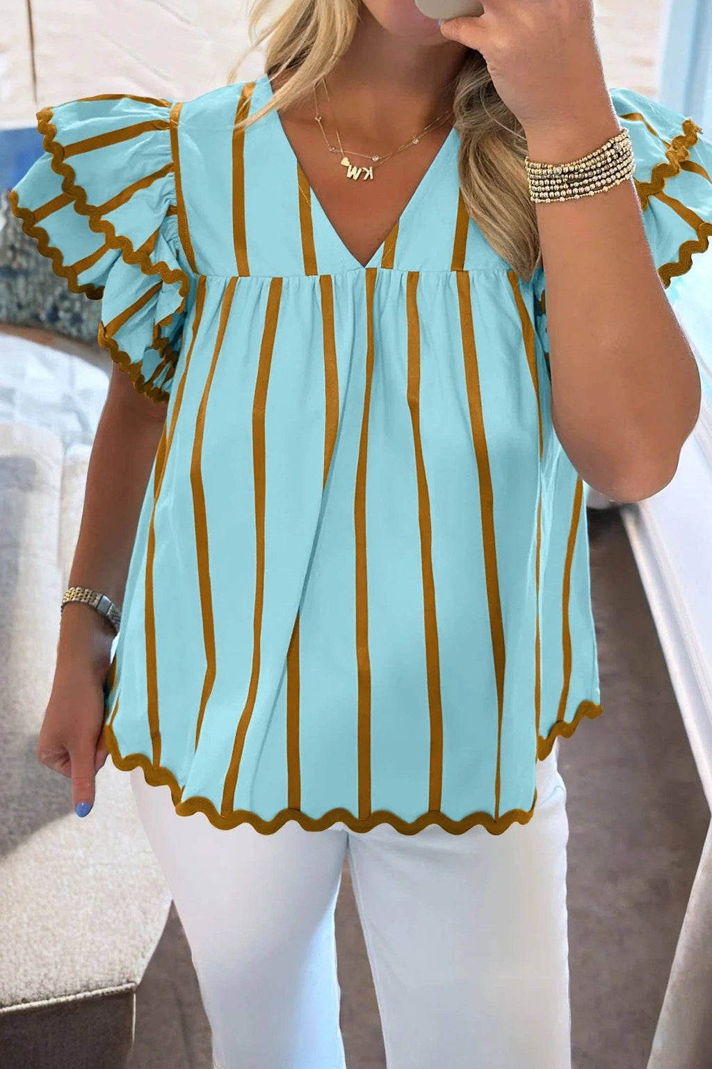 Striped V Neck Flutter Sleeve Blouse Casual Loose Top