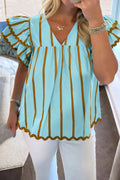 Striped V Neck Flutter Sleeve Blouse Casual Loose Top