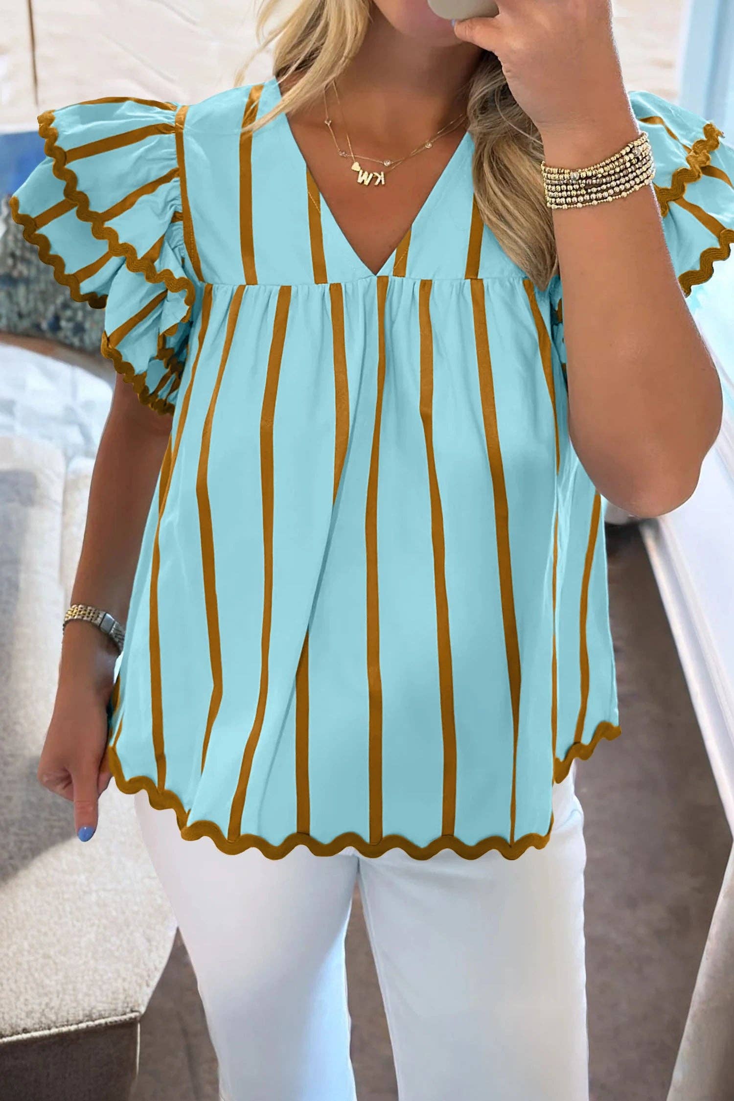 Striped V Neck Flutter Sleeve Blouse Casual Loose Top
