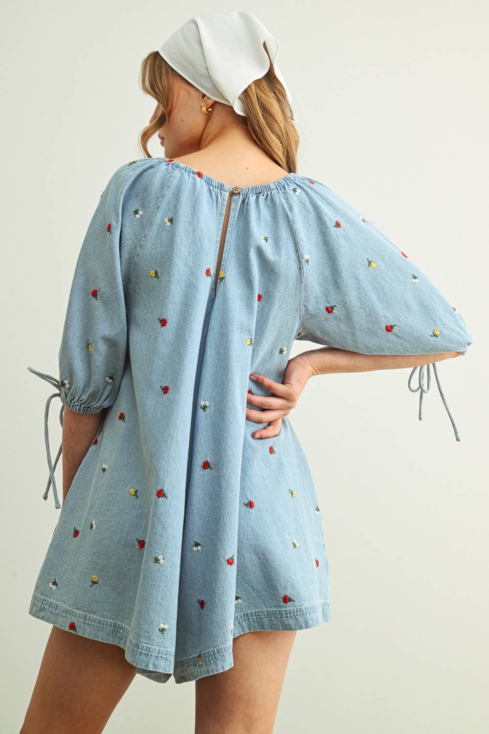 R5823   EMBROIDERED DENIM ROMPER WITH 3/4 SLEEVE