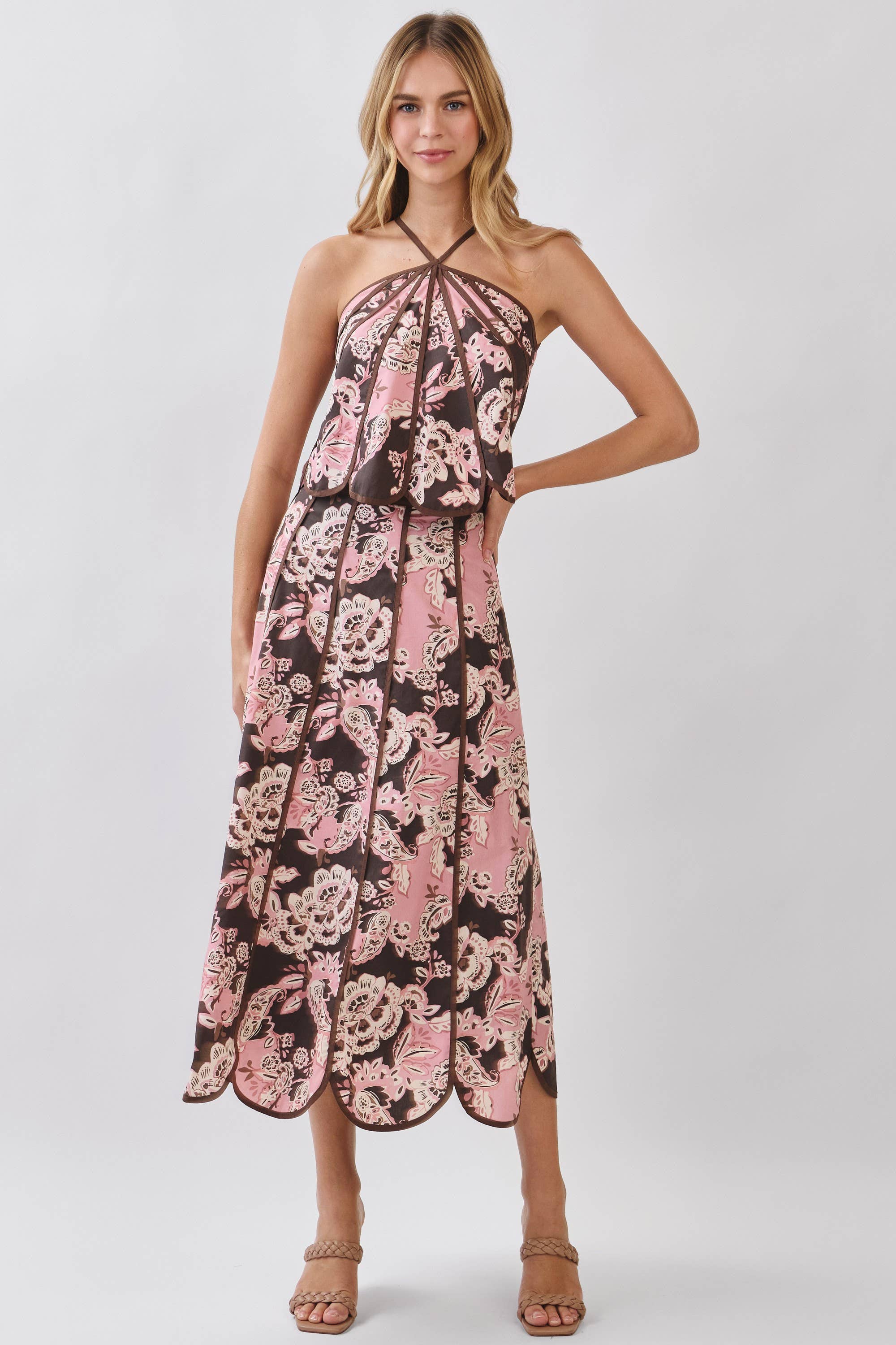 CS4094-Floral Print Saclloped Hem Paneled Midi Skirt