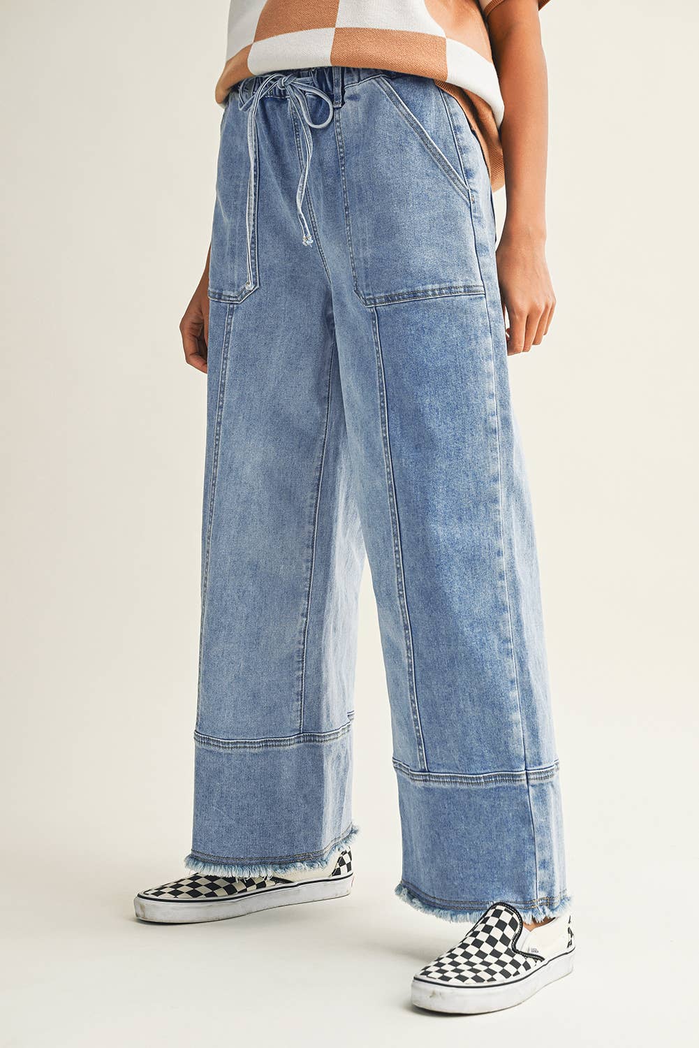 LDC Drawstring Seam Detail Raw Hem Wide Leg Denim Pants