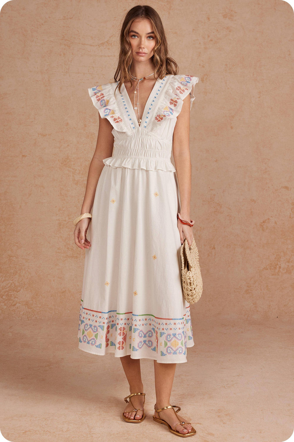 Cross-Stitch Embroidered Flutter Sleeve Midi Dress